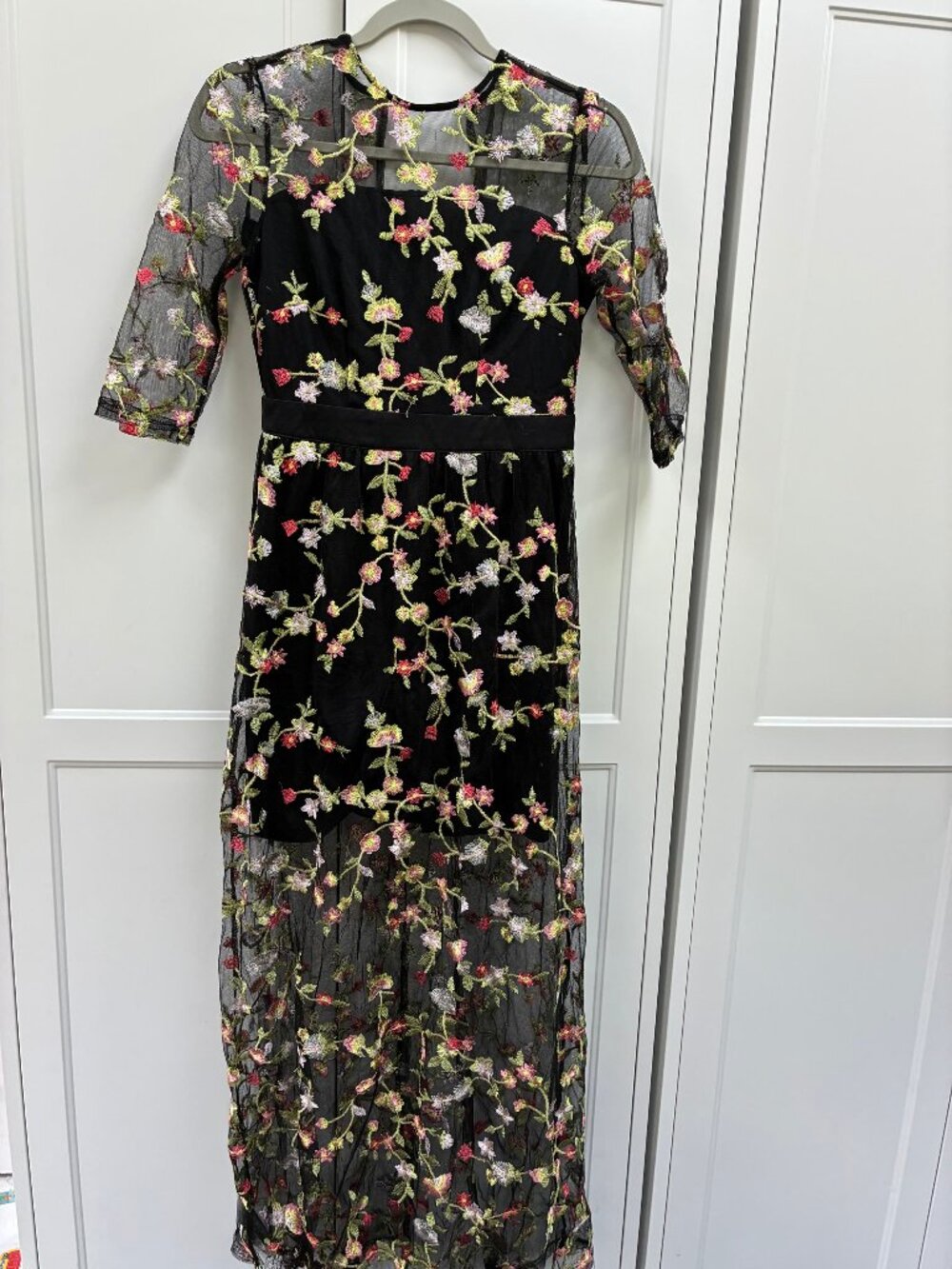 Black Floral Embroidered Mesh Maxi Dress Size XS